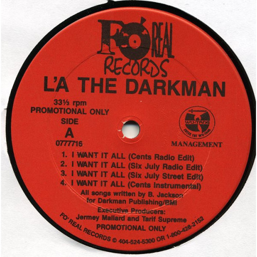 L'a The Darkman - I Want It All / As The World Turns, 12", Promo